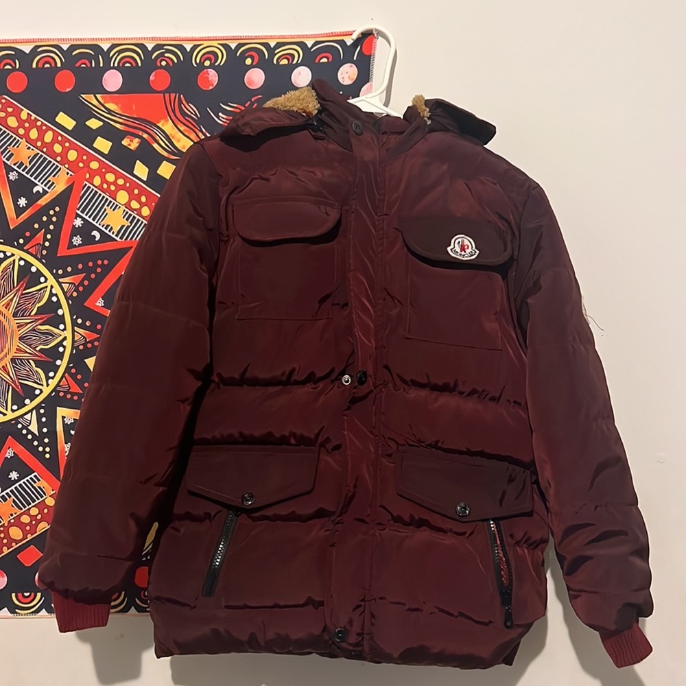 Burgundy, red Moncler coat NEVER WORN waist length puffer jacket- no tags
